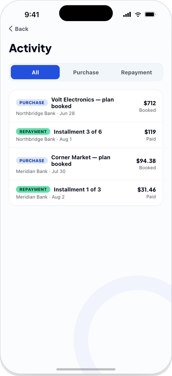 Loop app activity screen listing purchases and repayments