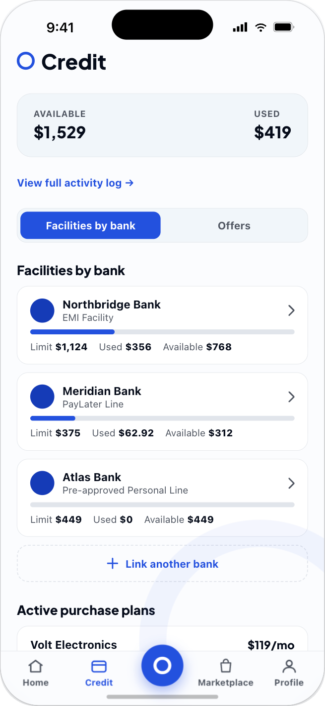 Loop app credit screen showing EMI facilities by bank
