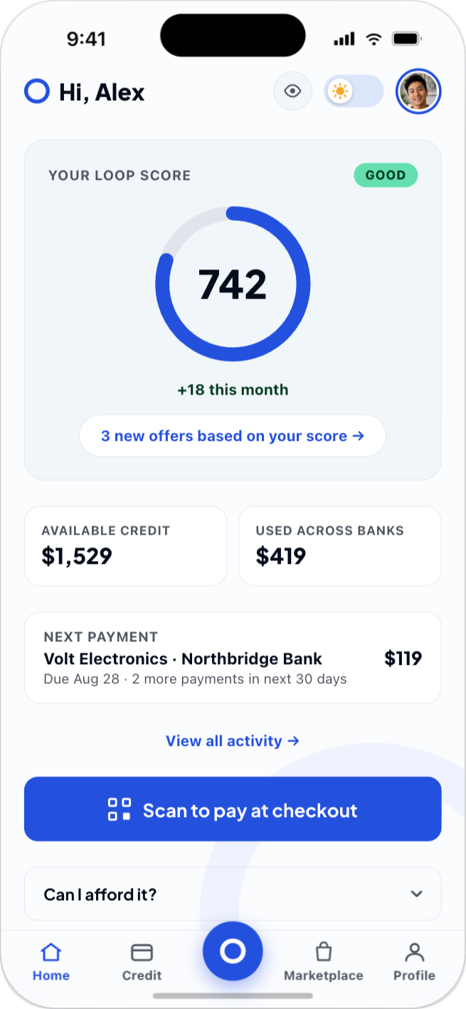 Loop app home screen showing Loop Score 742, available credit and next payment