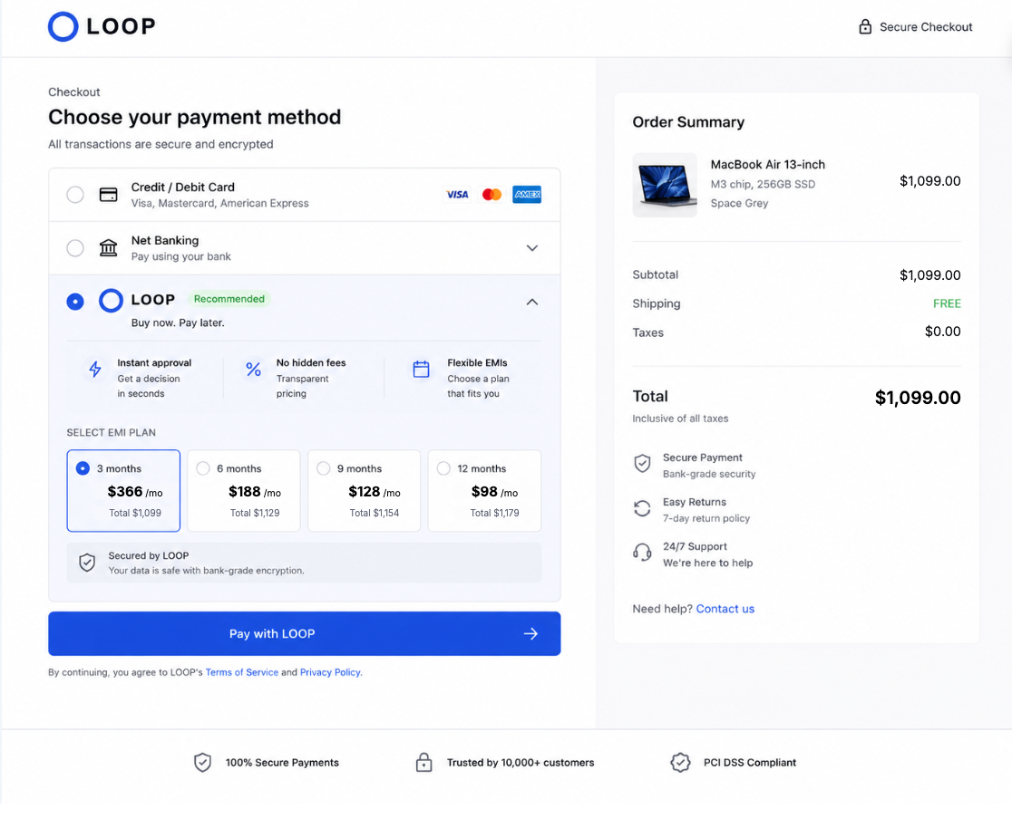 Loop Checkout on an online store, offering an instant EMI plan