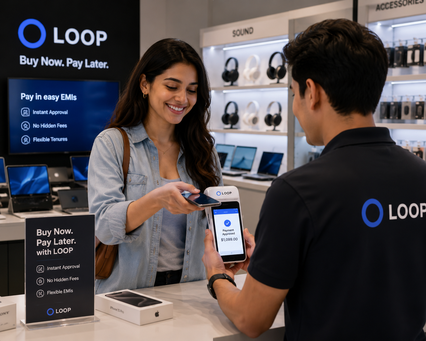 A customer paying at a store terminal that shows a Loop EMI offer